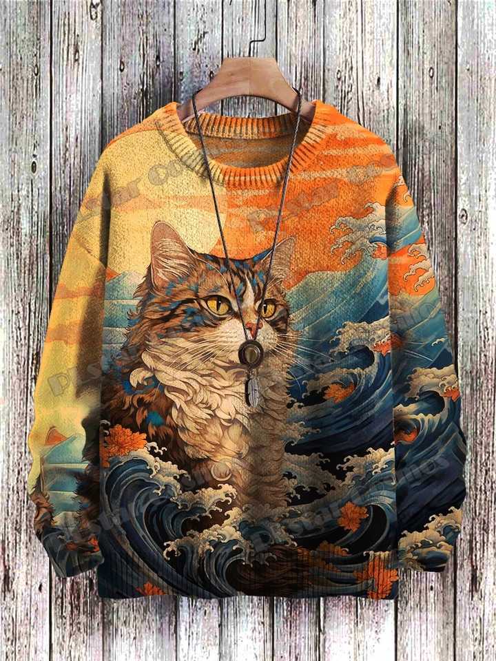 Men's Sweaters PLstar Cosmos Retro Fashion Cat Pattern 3D Printed Men's Knitted Pullover Winter Unisex Casual Knit Pullover Sweater ZZM109