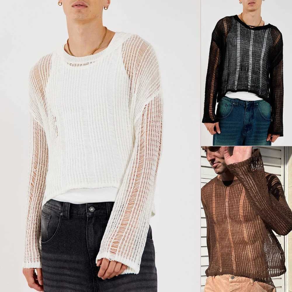Men's Sweaters Spring Autumn New Sweater T-shirts For Men Elastic Hollow Slinghtly Transparent Long sl1 Loose Versatile Knitting Tees Tops D261