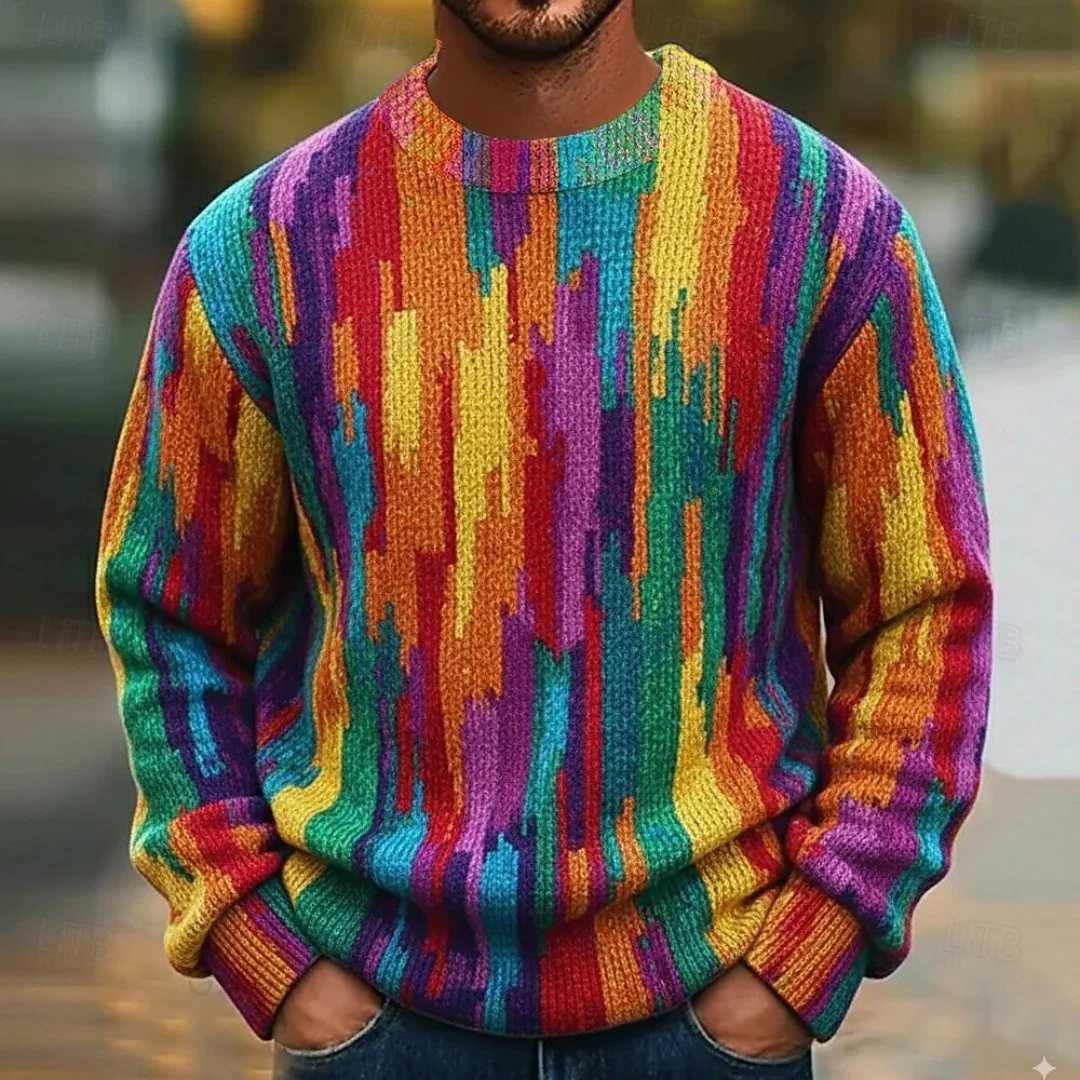 Men's Sweaters Fashion Winter Unisex Pullover Casual Comfortable Sweater Rainbow Colors Swirl Nebulous Art 3D Print Crew Neck Knitted Sweaters