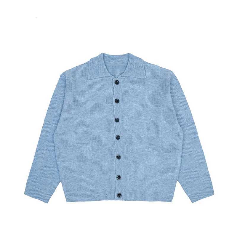 Men's Sweaters American Retro Blue Checkered Cardigan Sweater Men's Autumn and Winter Lazy Style Loose Knit Sweater Jacket Trendy D261009