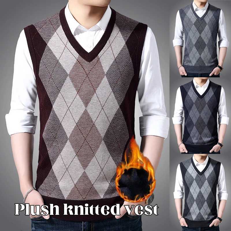 Men's Sweaters New Fashion Men's Checkered Knitted ve1 Pullover V Neck sl1less Sweater Autumn Winter Casual Business Men Clothing D261009