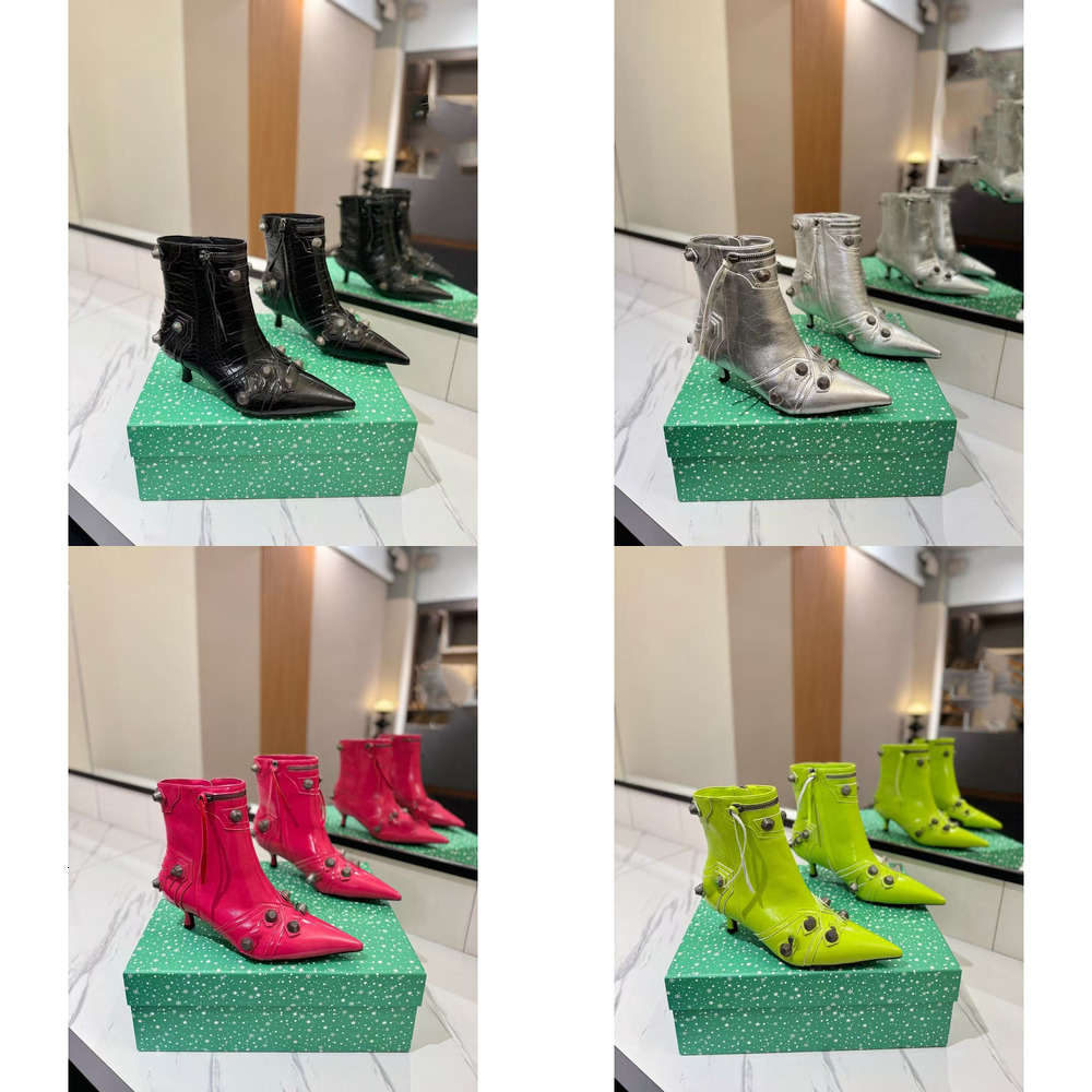 kitten heel designer woman ankle boot studded point toe silver metallic green pink black white red luxury comfortable zipper crystal y2k party stree