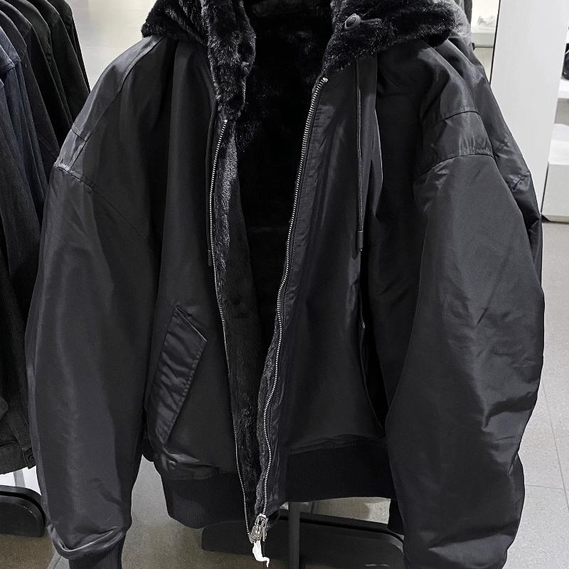 Veste d'hiver à capuche réversible en fausse fourrure pour hommes, manteau épais et chaud avec fermeture éclair, coupe ample, noir, décontracté,