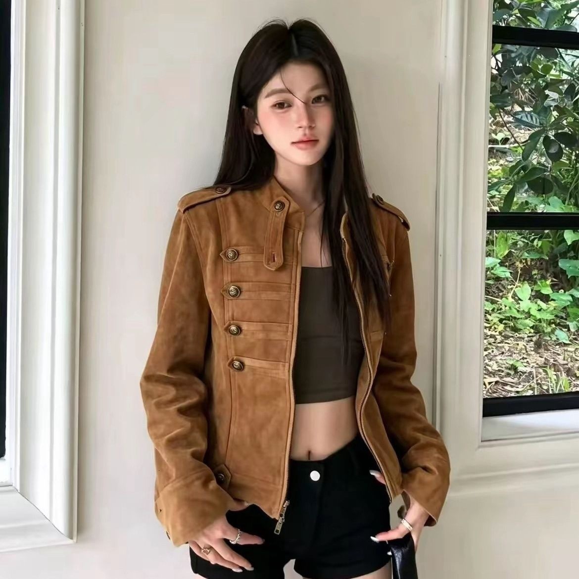 Metallic style, early autumn, cool and chic, trendy button-up jacket, women's elegant suede loose-fit short coat, stand-up collar, Napoleon sty