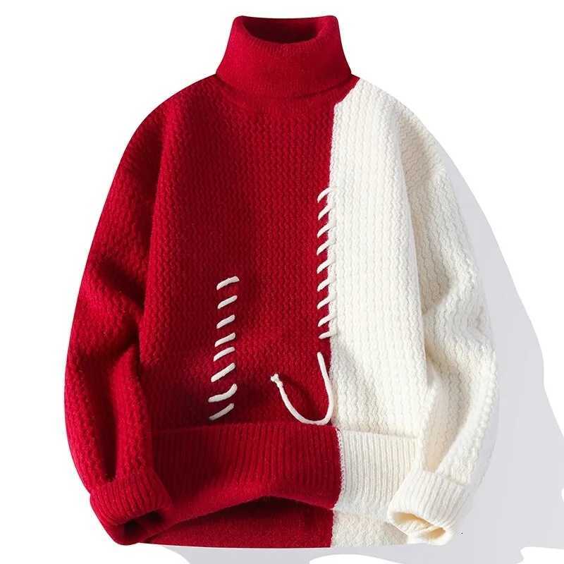 Men's Sweaters Autumn Winter Men's Knitted Turtleneck Sweater Fashion Patchwork Casual Knit Pullovers Men Loose Warm Pull Sweaters Streetw