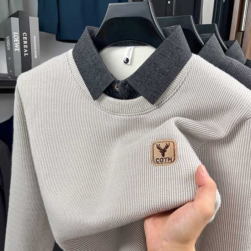 Men's Sweaters Men's Autumn Fashion Printed O-neck Long sl1d Sweater Fake Two Piece Knitted Thick Warm Pullover Business Casual Men's