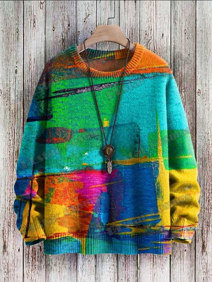 Men's Sweaters Vintage Gradient Art Multicolor Pattern 3D Printed Men's Knitted Pullover Winter Unisex Casual Knit Pullover Sweater MYP22