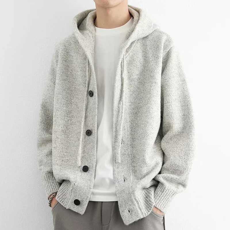Men's Sweaters Winter Men's Casual Hooded Knitted Cardigan Korean Fashion Loose Button-up Sweater Y2K Vintage Streetwear Knitwear Coat D26