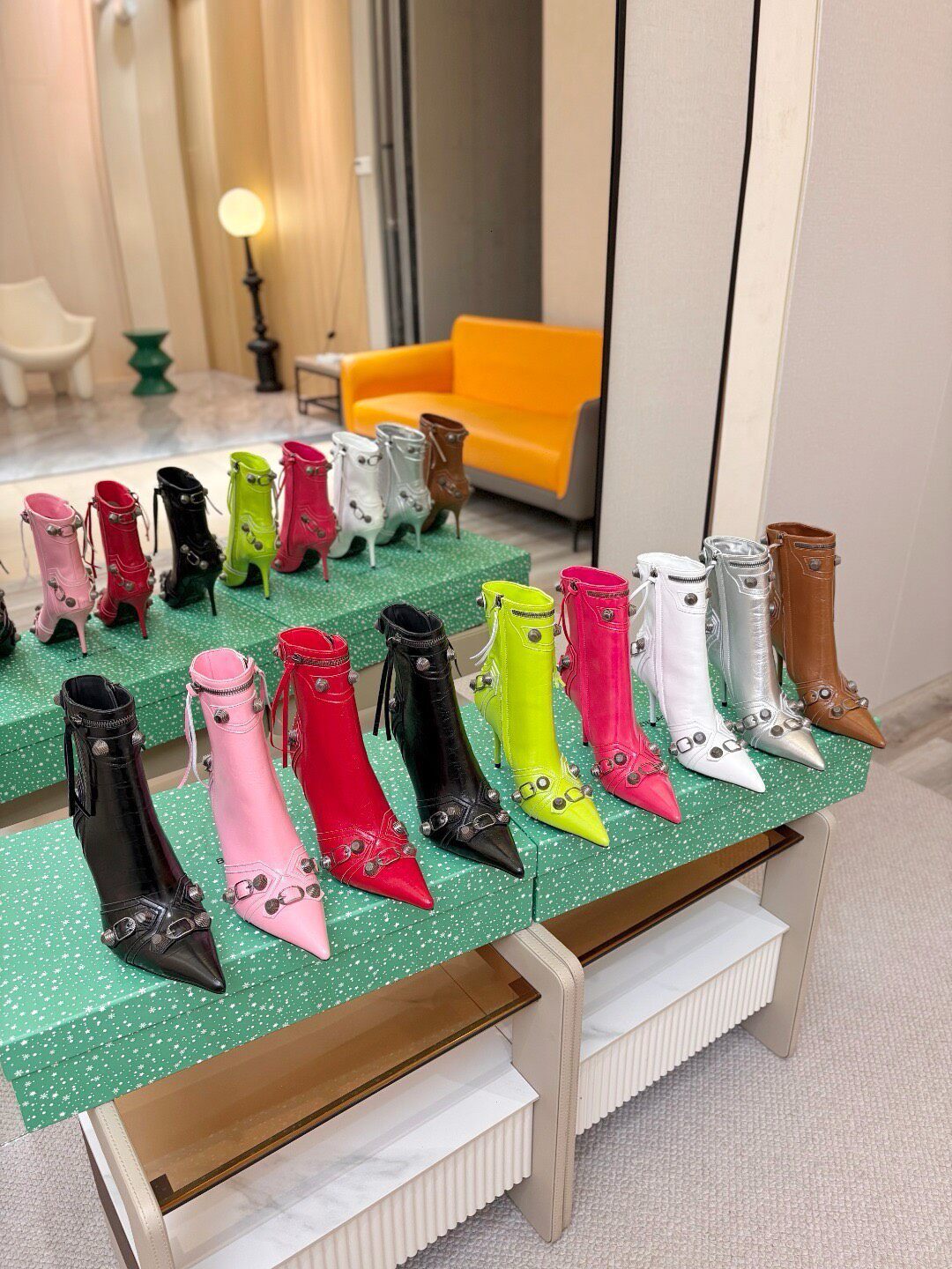 kitten heel designer woman ankle boot point toe studded crystal silver black white green red luxury comfortable zipper strap buckle metallic party y