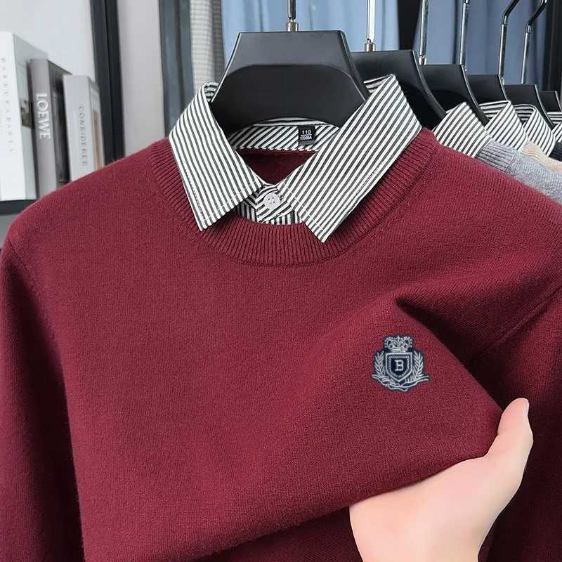 Men's Sweaters Autumn Warm Men's Solid Color O-Neck Knit Pullover Sweater Embroidery Fake Two Piece Long sl1d Tops Commuting Men's Cl