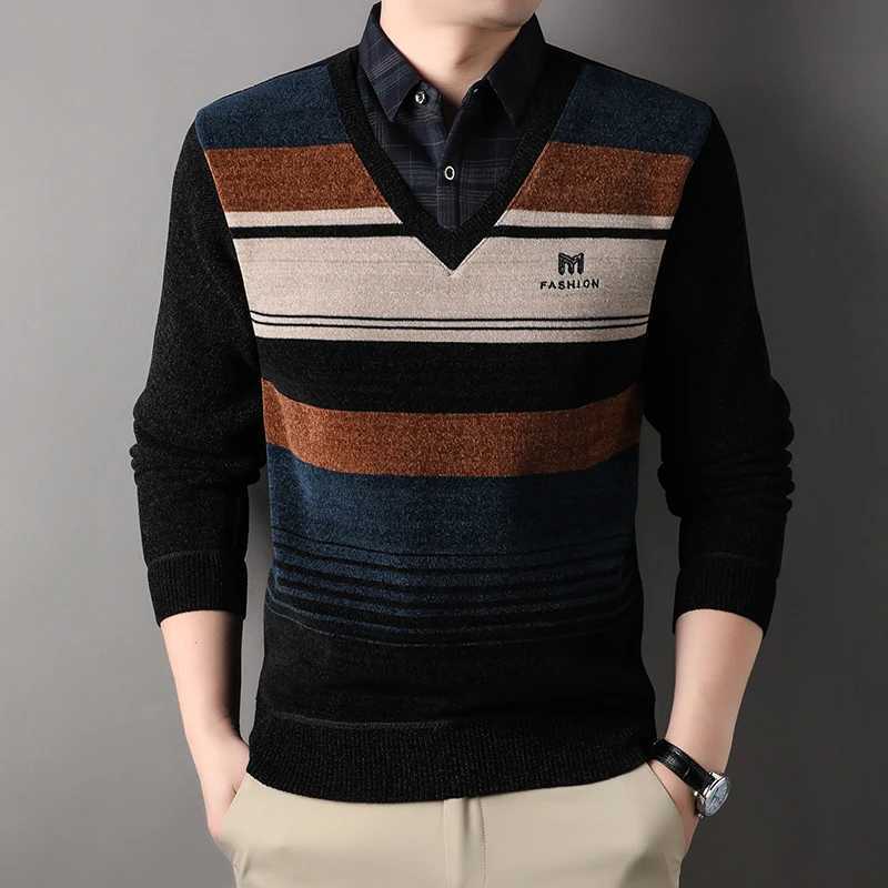 Men's Sweaters Winter New fl1 Sweater Men Thickened Pullover Striped Velvet Clothing Autumn Winter Crew Neck Jumpers Fashion Knitwear D261009