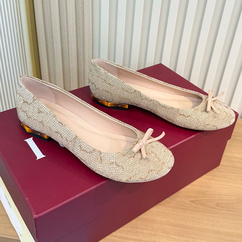 Womens bamboo crystal ballerina Fashion Leather bow crystals upper Round toe Flat shoes Unique gold toned bamboo studs heel design Ladies ballet sho