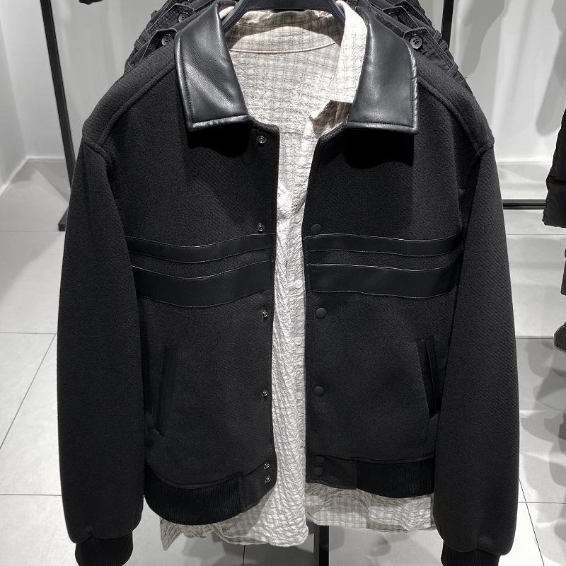 Veste d'automne courte épissée en simili cuir pour homme, coupe cintrée décontractée, col rabattu, noir, bouton-pression, vêtements d'extérieur