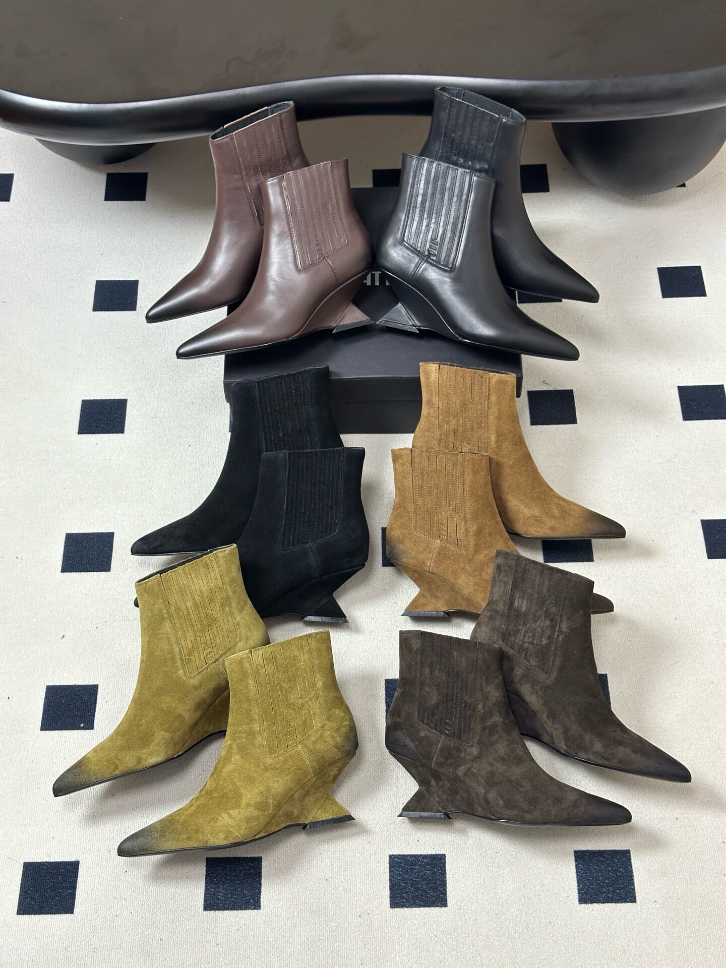 booties woman designer wedge point toe matte leather ankle chelsea luxury comfortable brown black vintage retro casual modern fashion street work of