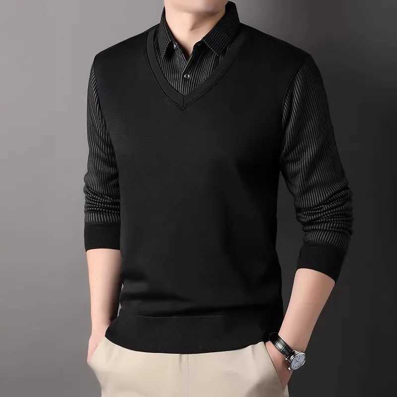 Men's Sweaters Winter fl1 Knit Pullovers Men Smart Casual Knitted Sweaters Mens Shirt Collar Fake Two Knitwear Fashion Slim Fit Man Sweater D26
