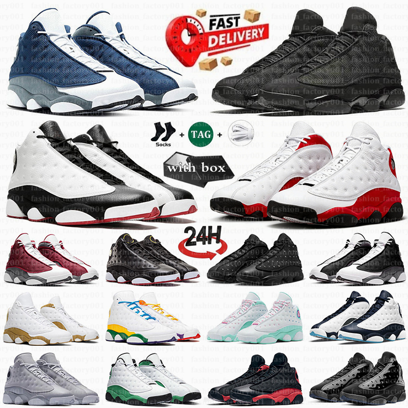 Avec la boîte 13 13s Chaussures de basket-ball pour hommes Black Cat Flint Playoffs Wings Bleu Gris Rouge Blé Court Violet Obsidian Man Sports Sn