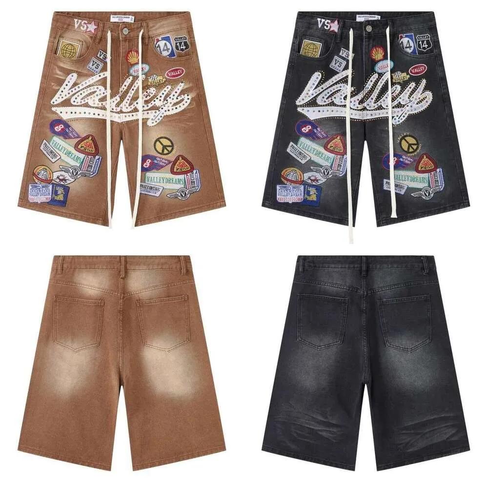 Valleys Dreams Jorts Short en denim délavé Homme Pantalon de créateur Lettre en strass Graphique Badge de broderie Patchs Vintage Hip Hop Y2k Jea