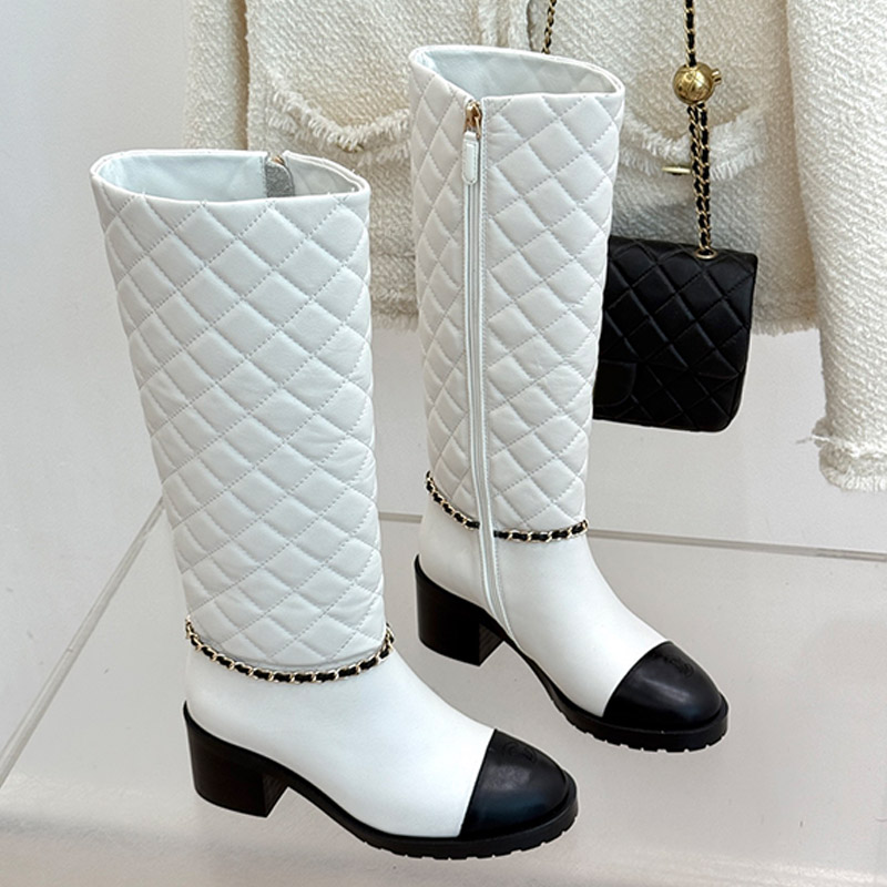 Knee High Boot Designer Luxury Womens White Black Quilted Leather Block Heel Round Toe Zipper Fashion Dress Footwear Quality Comfort Modern Stylish
