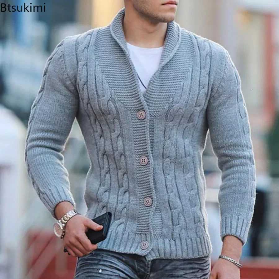 Men's Sweaters Autumn Winter Men's Warm Knitted Sweater Solid Single-breasted Twisted Texture Cardigan Lapel Slim Buttoned Thick Sweater M