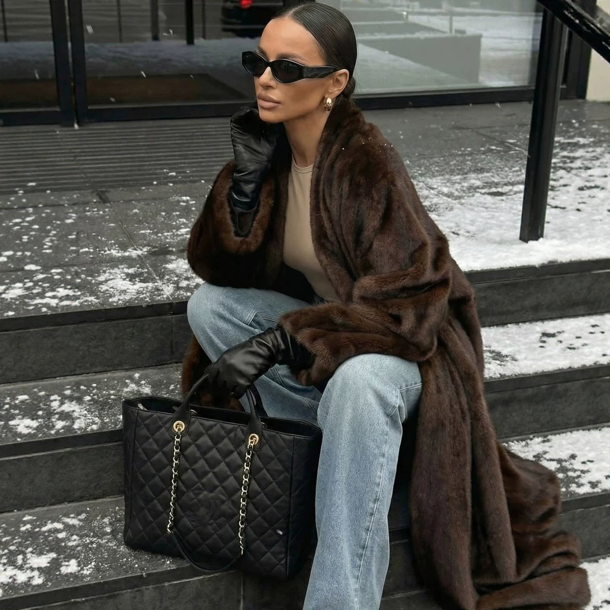 Fashion Brown Faux Fur Overcoat Women Chic Lapel Long Sleeve Fluffy Coat Lady Winter Thicken Warm Highstreet Outerwear 251129