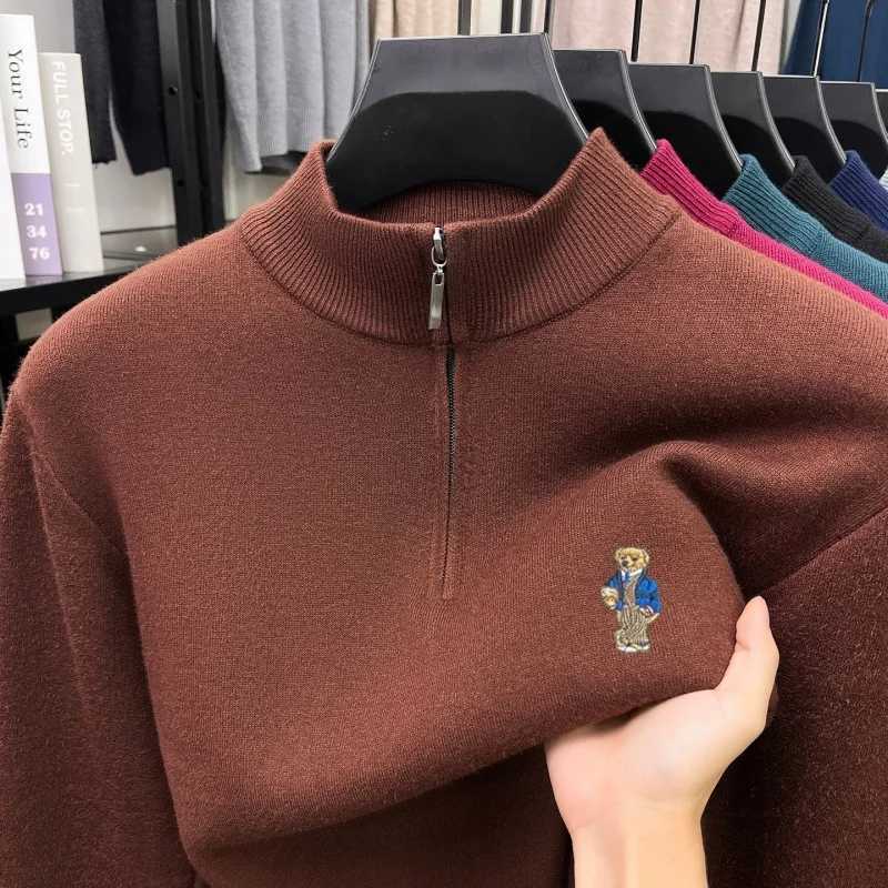 Men's Sweaters Spring Autumn New Men's Pullover Sweater Bear Embroidery Business Half-Zip Design Simple Stylish British Style Men's T