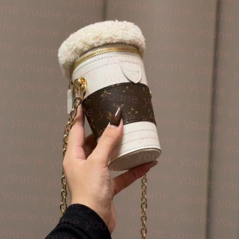 Women Novelty Coffee Cup Shape Mini Crossbody Bag Fleece Top Cylinder Chain Shoulder Purse Vintage Printed Small Handbag Lipstick Coin Bag For Party