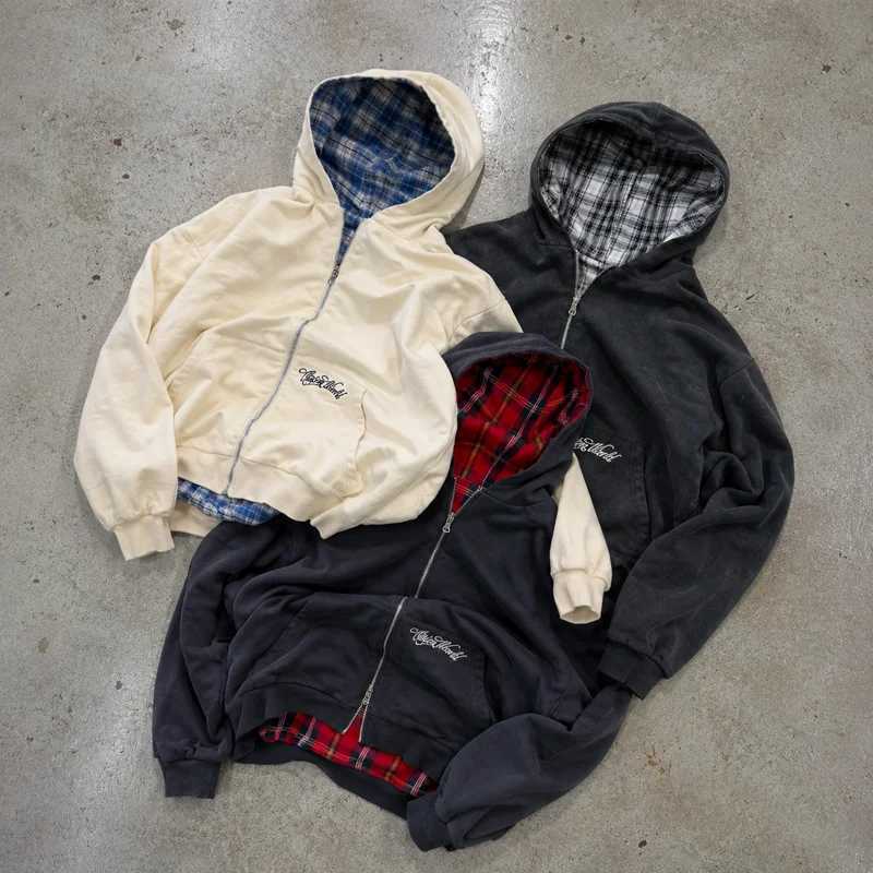 Unisex Reversible Zip Up Hoodie Double Side Wear Plaid Lining Sweatshirt Oversized Casual Strtwear Hooded Top T261008
