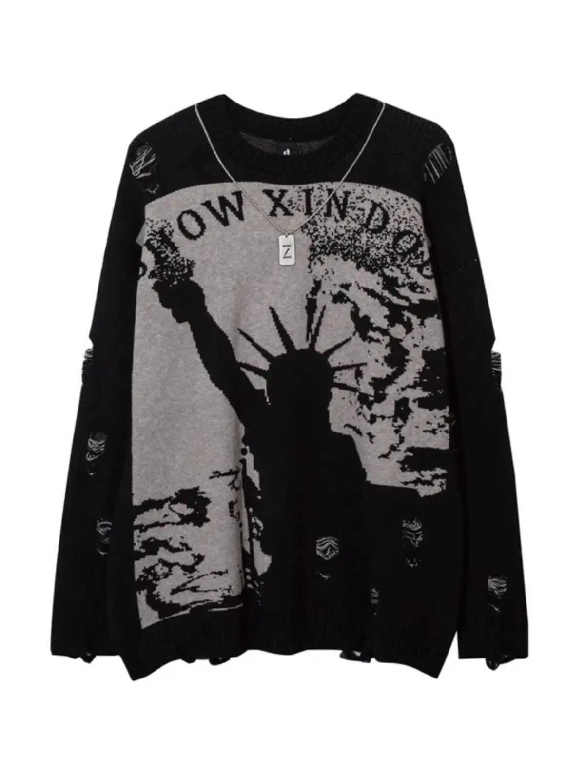 Men's Sweaters Unisex Knitting Sweater 2026 Spring Autumn Men's Dark Y2K Vintage Statue Of Liberty Ripped Sweater Oversize Loose Knitted T