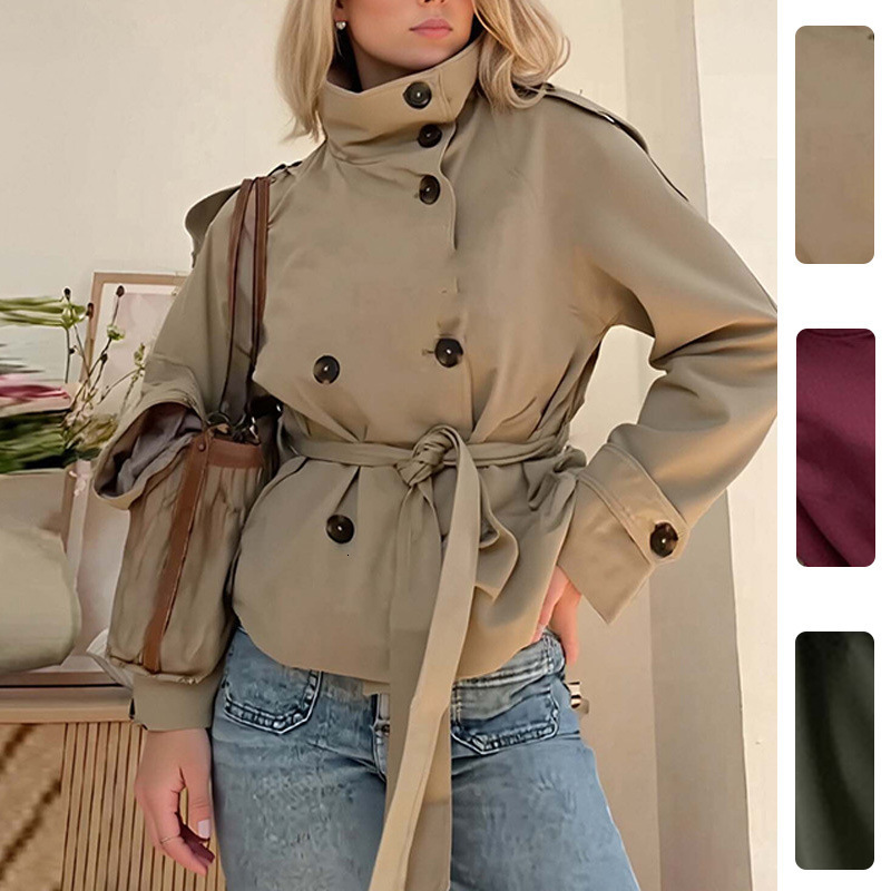 Fashion Belt Short Trench Coat Women Stand Collar Double Breasted Long Sleeve Jacket 2026 Spring Autumn Lady Street Outwear 251215