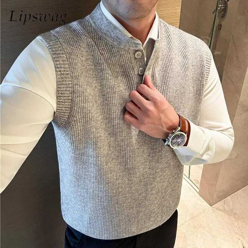 Men's Sweaters Stylish Mens Knit ve1 Tops Vintage Solid Color sl1less Slim Fit Camisoles Men Sweater Spring Casual Button O Neck Tank Tops D261