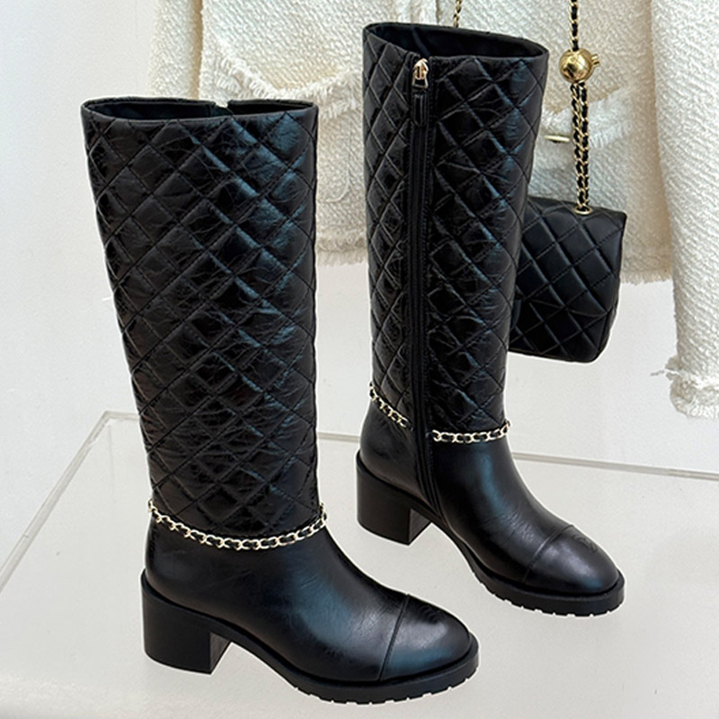 Office Boot Luxury Designer Womens Black Quilted Leather Long Block Heel Square Toe Zipper Fashion Dress Footwear Quality Comfort Modern Stylish Tre