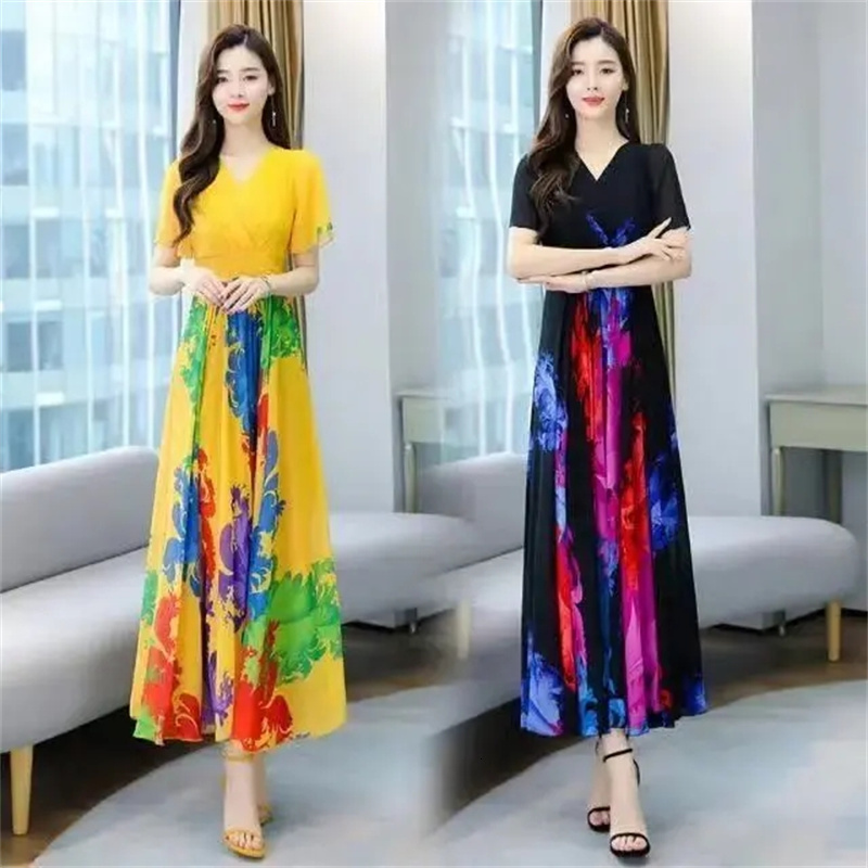 New Printed Dress For Women in The Summer of 2025 Chiffon Style With Waist Cinching and Slimming Effect Super Long Skirt