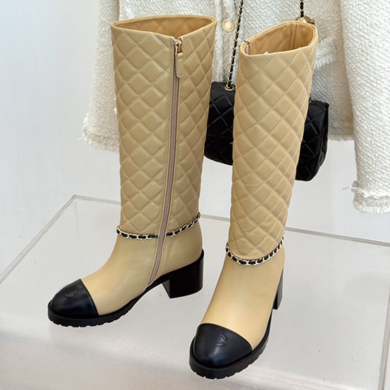 Ladies Diamond Grid Design High Boots Side Chain Decoration Silk Side Zipper Round Head Splicing Decoration Womens Long Fashion Boots
