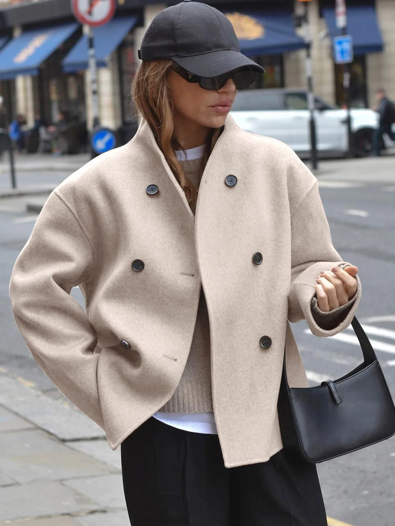 Women Autumn Winter Double Breasted Solid Color Woolen Coat Casual Elegant British Style Versatile Outerwear 260929