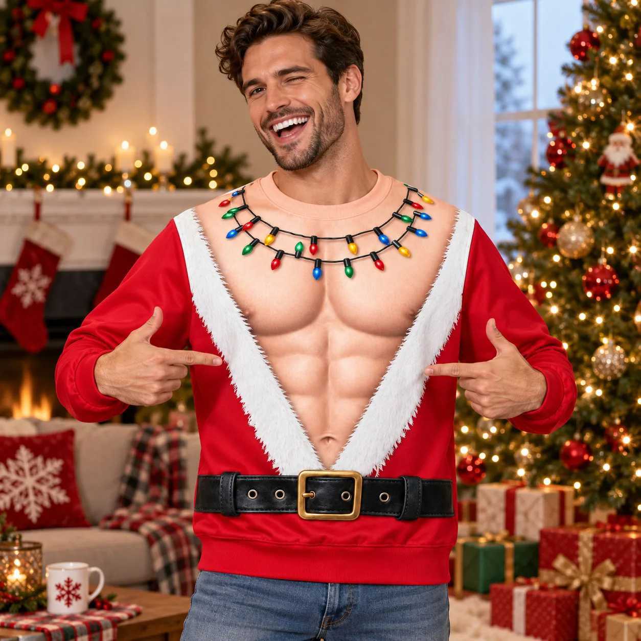 Men's Sweaters Mens Funny Christmas Sweatshirt Hairy Chest Fake Abs Santa Pullover Ugly Xmas Sweater Novelty Holiday Party Costume Outfit D2610
