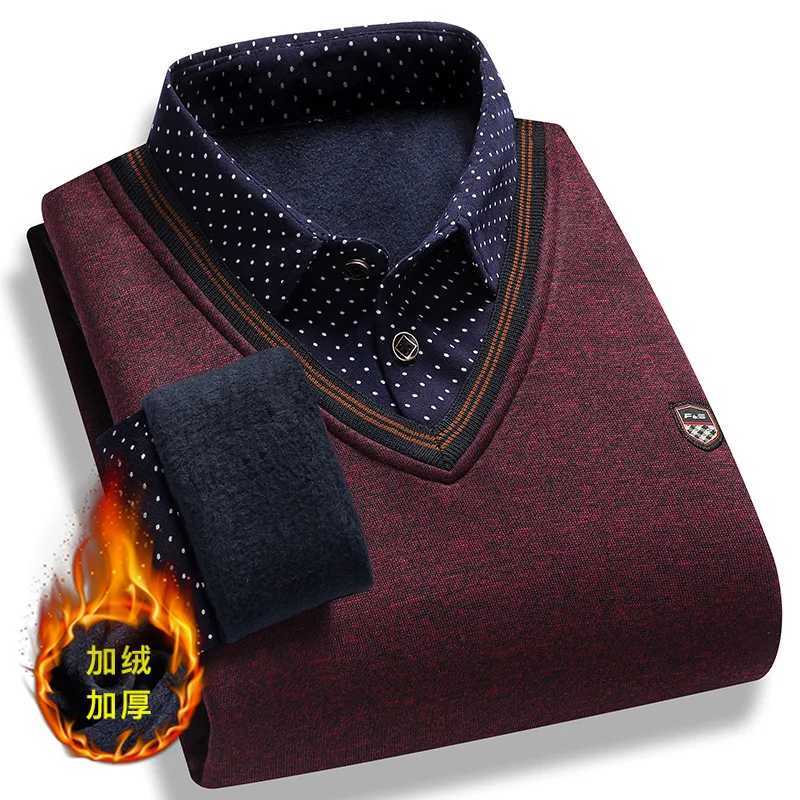 Men's Sweaters 2025 Autumn/Winter Men's Fake Two Piece Knitted Sweater with Plush Thick Embroidered Collar Pullover for Warm Top D261009