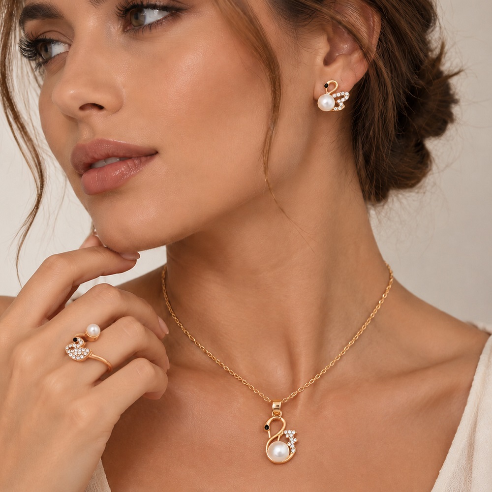 Ensemble de bijoux Chic en perles de cygne, pendentif avec Accent en strass, collier, bague ouverte, boucles d'oreilles pour soirée et dîner