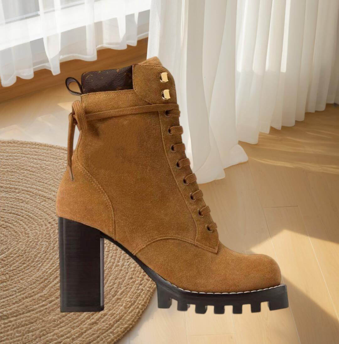 boot woman designer block heel lace matte leather round toe zipper thick sole non slip work office vintage luxury comfortable brown black gold burgu
