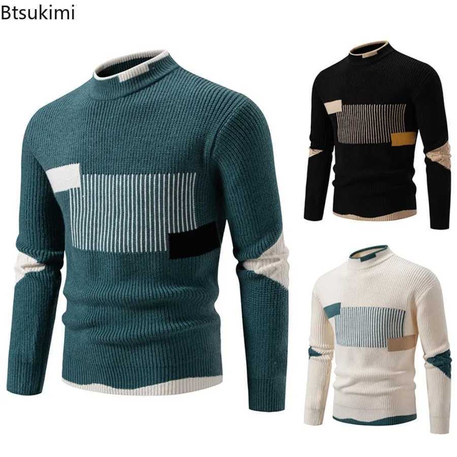 Men's Sweaters 2026 Men's Sweater Fashion Color Block Autumn/Winter Knitted Sweater Fashion High Street Pullover Outdoor Loose Warm Thick