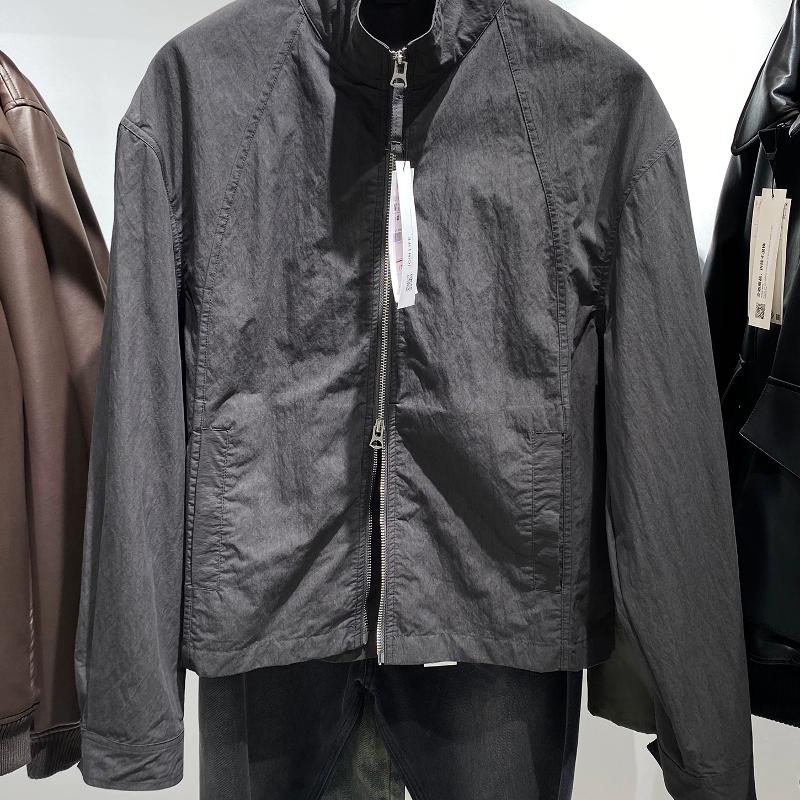 Veste courte gris anthracite de styliste pour hommes, col montant solide, Double fermeture éclair, coupe ample, manches longues, manteau minimali