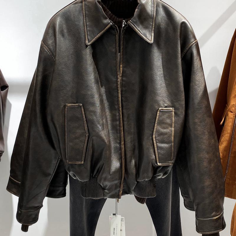 Veste de créateur hommes Vintage PU veste en simili cuir col à revers fermeture éclair courte épais automne hiver manteau rétro en détresse vêtem