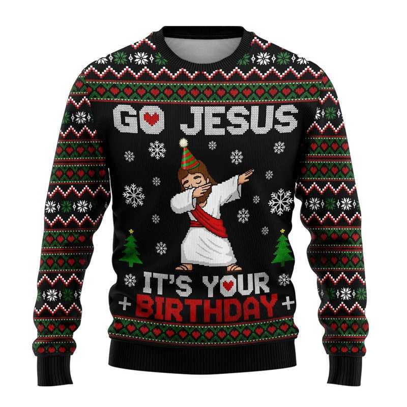 Men's Sweaters Fashion Santa Claus Jesus Graphic Christmas Sweatshirt Autumn Winter Holiday 3D Printed Ugly Sweater Casual Oversized Pullovers