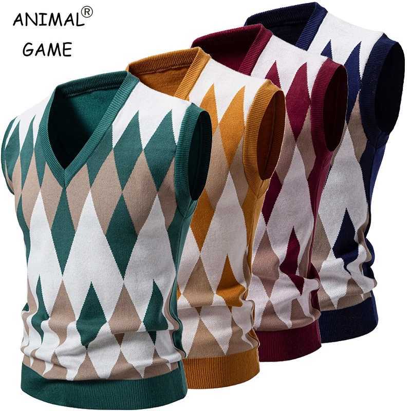 Men's Sweaters New Mens Argyle Knitwear ve1 V Neck sl1less Casual Slim Fit Pullover Knitted Sweater lightweight ve1s D261009