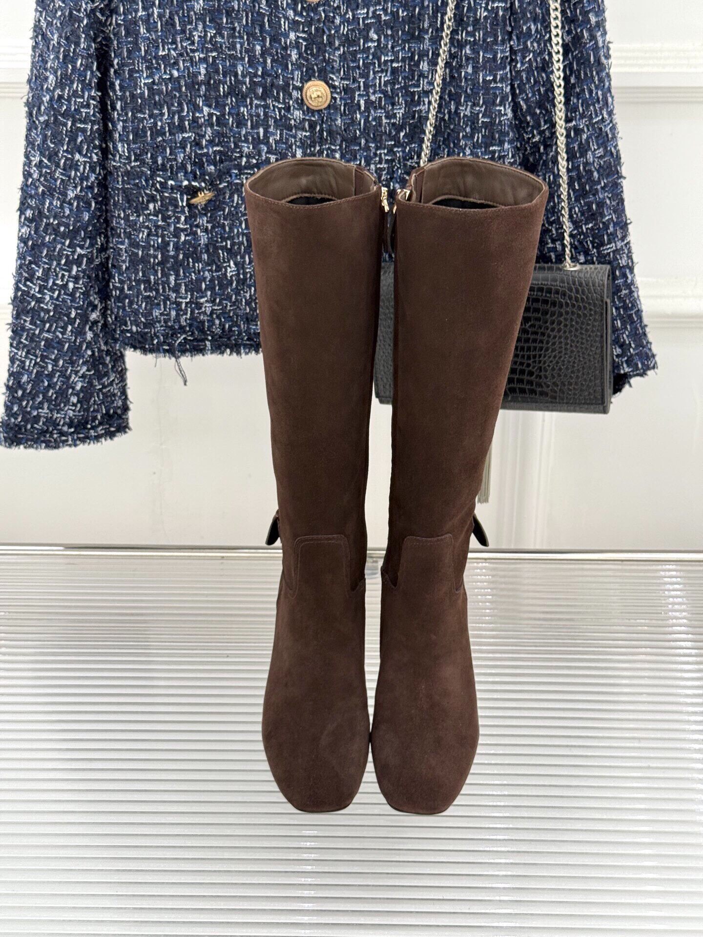thigh high boot woman designer block heel point toe zipper strap buckle leather luxury comfortable black beige khaki gold work office vintage retro
