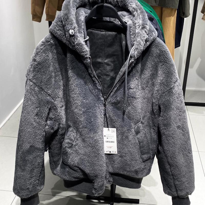 Manteau de créateur d'hiver réversible en Faux cuir, veste doublée polaire épaisse à capuche avec fermeture éclair, coupe ample, vêtements d'exté
