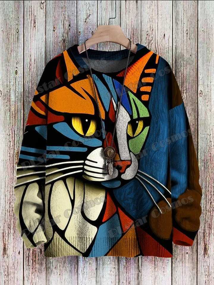 Men's Sweaters Abstract Art Cat Multicolor Pattern 3D Printed Men's Crewneck Knitted Pullover Winter Unisex Casual Knit Pullover Sweater Z