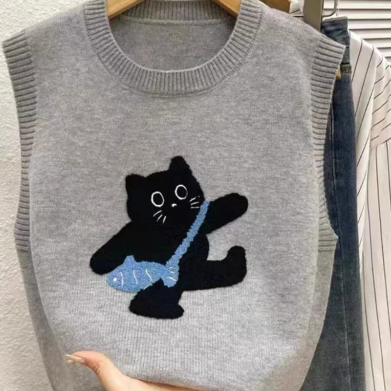 AOSSVIAO 2026 Women Knitted Tank Top Summer Fall Cartoon Sweater Short O Neck Sleeveless Solid Spring Sweaters Pullovers 260924