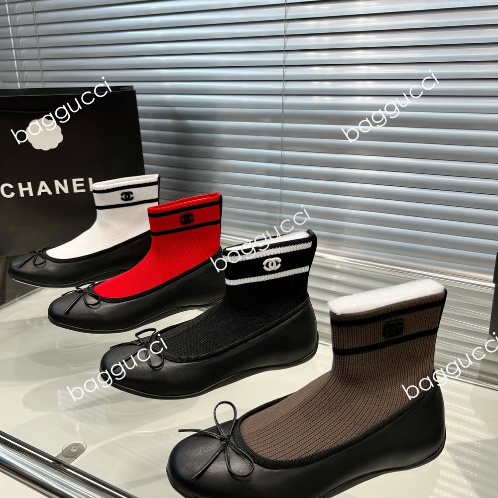 Femmes Tricot Chaussette Bottines Luxe Ballet Chaussette Plate Bottines Designer Bow Toe Stretch Tricot Bottes Courtes Chaussures De Mode Col Ray
