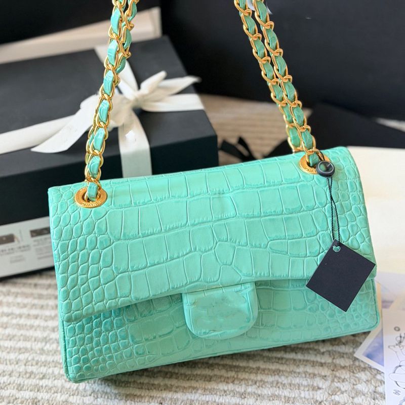 10A Fashion Tote Bags Women's Crocodile Embossed Flap Shoulder Bag Vintage Gold Chain Crossbody Purse Elegant Rectangle Underarm Handbag