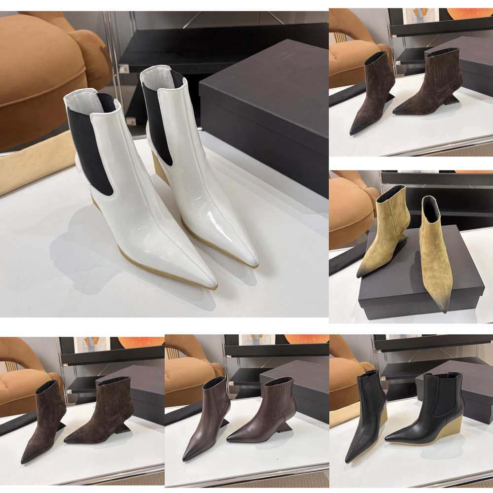 ankle boot woman designer wedge point toe matte leather chelsea work luxury comfortable brown black vintage retro modern casual street party fashion